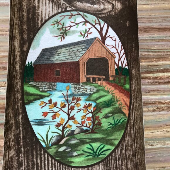 Covered Bridge Countryside Completed Wall Hanging Artex Tri-Chem Painting 9x12" - Picture 2 of 3